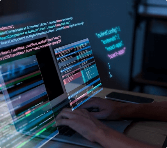 software developer writing codes on folographic display